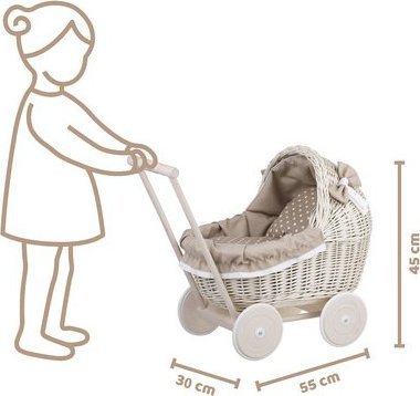 WickerPL Lili WYBIELANY WIKLINOWY WÓZEK DLA LALEK Z Beżowym OBSZYCIEM 48X28 H26/47 CM standard