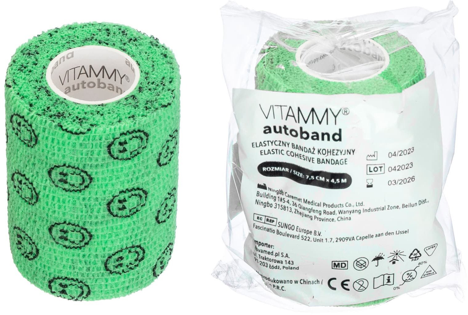 VITAMMY AUTOBAND ZIEL. BUŹKI 7,5cm x 450cm Elastyczny bandaż kohezyjny samoprzylepny