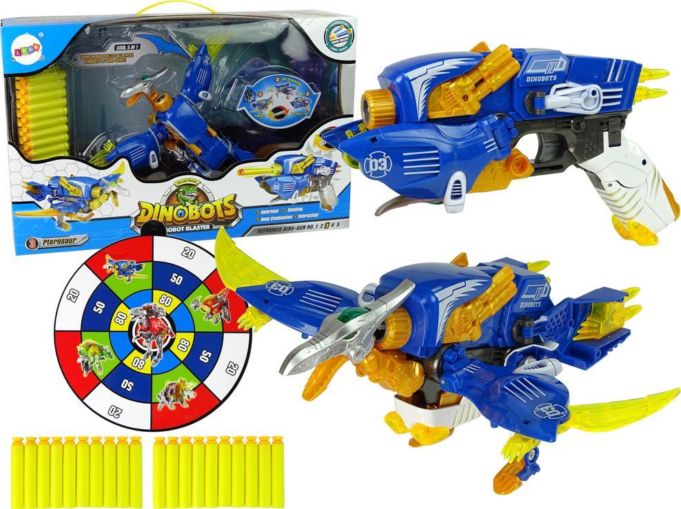 LeanToys Dinobots 2w1 Dinozaur Pistolet na Strzałki Niebieski Pterosaur Tarcza