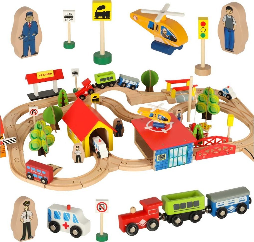 Kolejka drewniana pociąg lokomotywa miasto 69 elementów