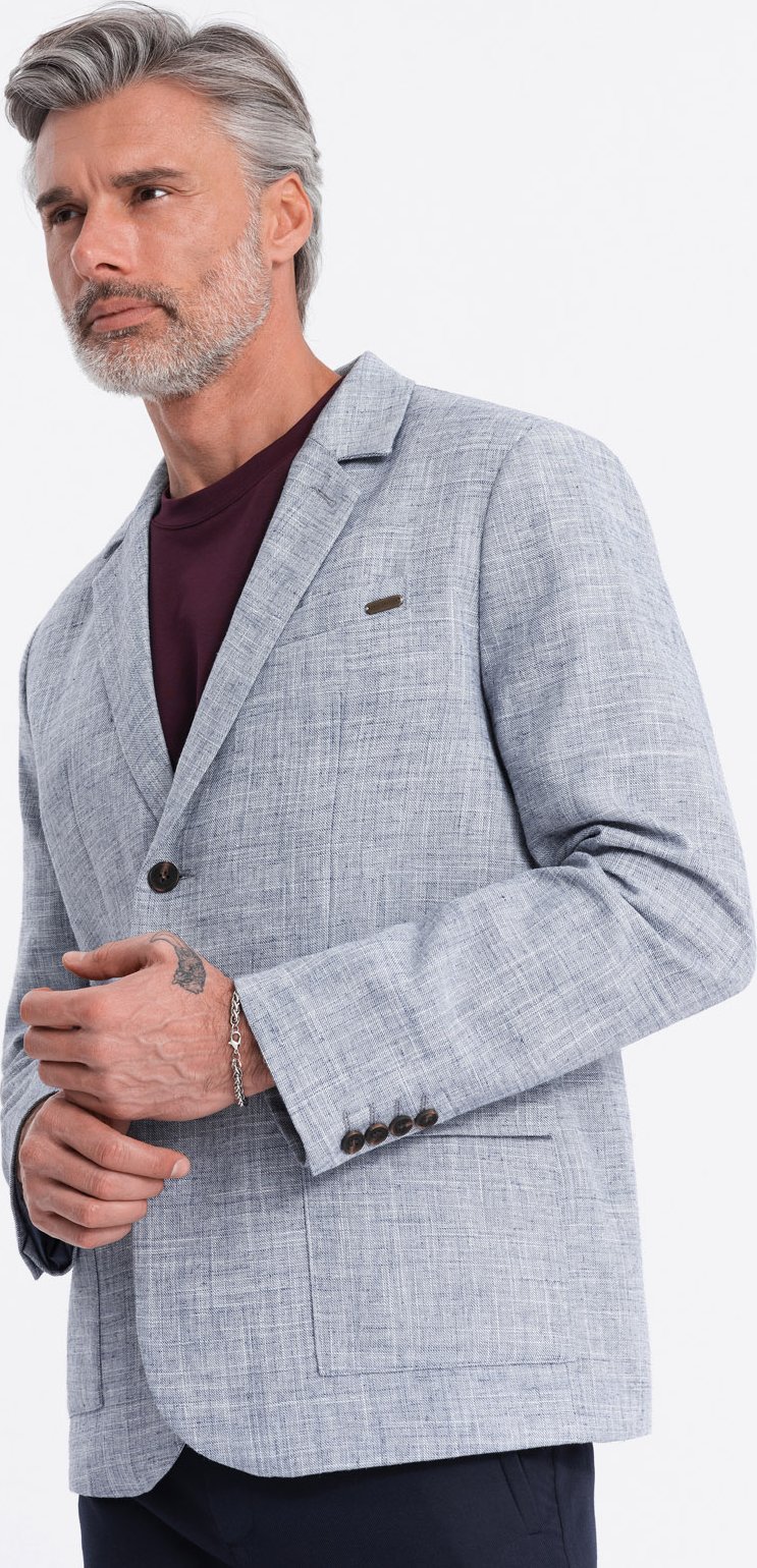 Ombre Marynarka męska o kroju REGULAR z lnem - jasnoniebieska V3 OM-BLZB-0128 M