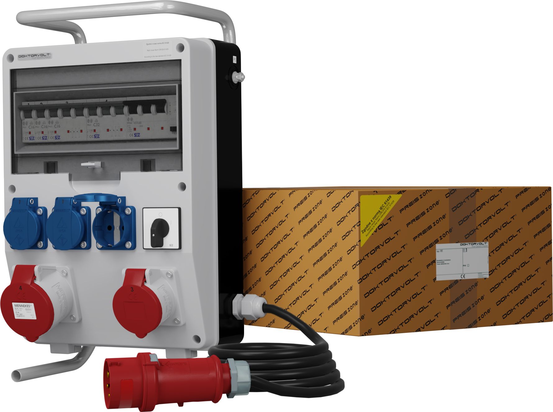 Doktorvolt Rozdzielnica budowlana na stojaku z kablem i łącznikiem TD-S/FI SKHU 32A 16A 3x230V Schuko Doktorvolt 0328