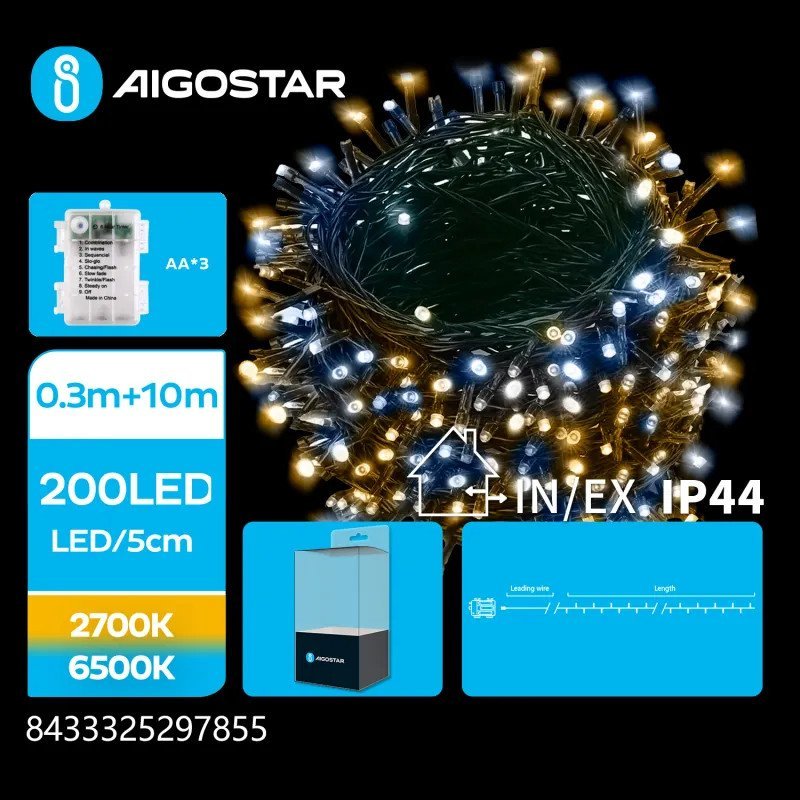 Lampki choinkowe Aigostar Lampki choinkowe na 3 baterie AA ciepłe=zimne Taśma świetlna płaska na 3 baterie AA