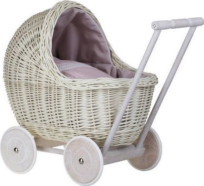 WickerPL LILI WYBIELANY WIKLINOWY WÓZEK DLA LALEK Z OBSZYCIEM W KOLORZE PUDRWOEGO RÓŻU 48X28 H26/47 CM
