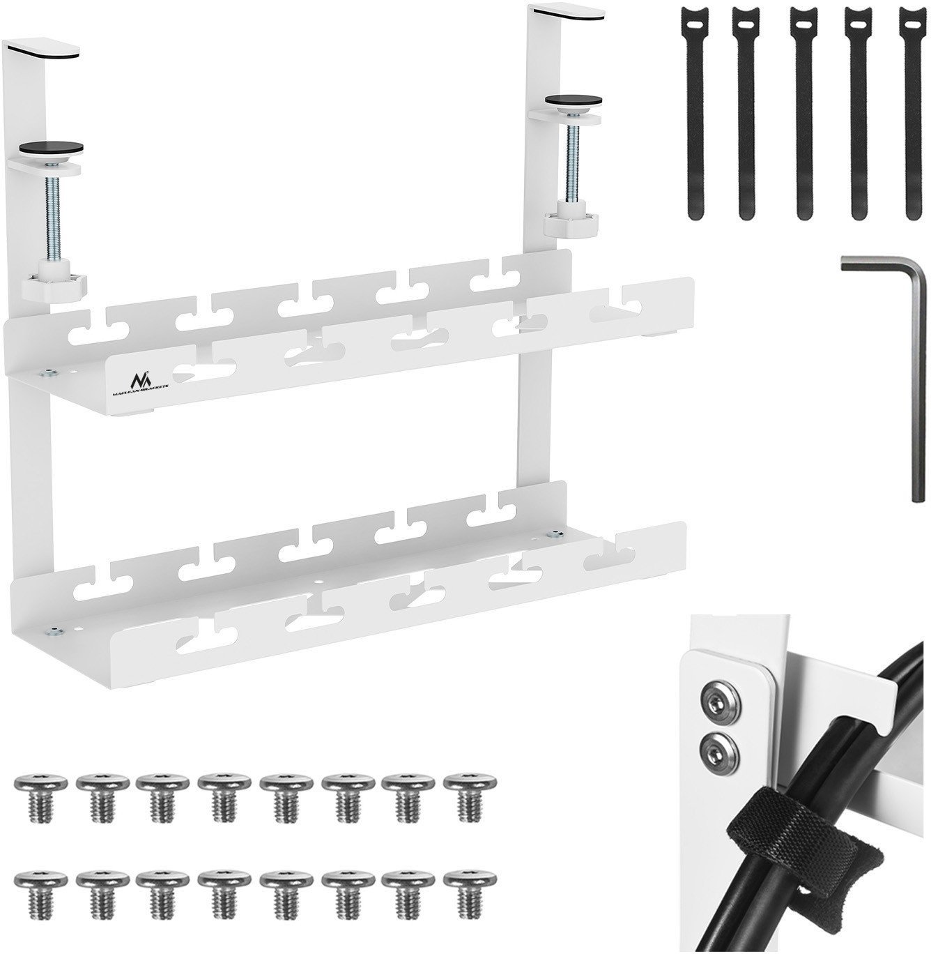 Organizer podbiurkowy na kable Maclean, max. obciążenie 5kg, 2 poziomy, biały, MC-104 W