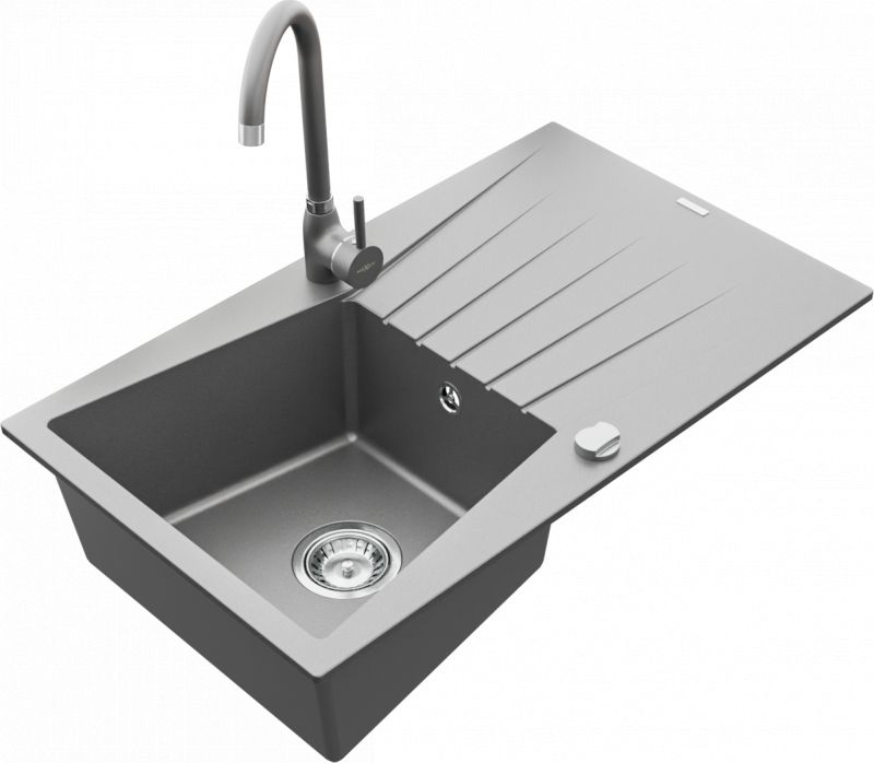 Zlewozmywak Mexen Mexen Cesar zlewozmywak granitowy 1-komorowy z ociekaczem i baterią kuchenną Telma, szary - 6514-71-670200-71