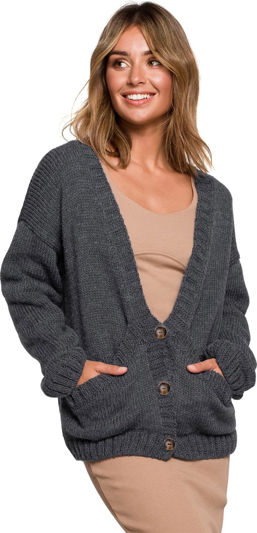 BE Knit BK074 Kardigan na guziki z szerokimi kieszeniami - antracytowy (kolor Grafitowy, rozmiar L/XL)
