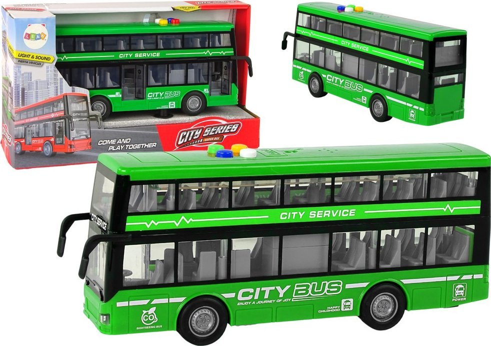LeanToys Autobus Piętrowy Na Baterie Światła Dźwięki Napęd Frykcyjny Zielony 1:16