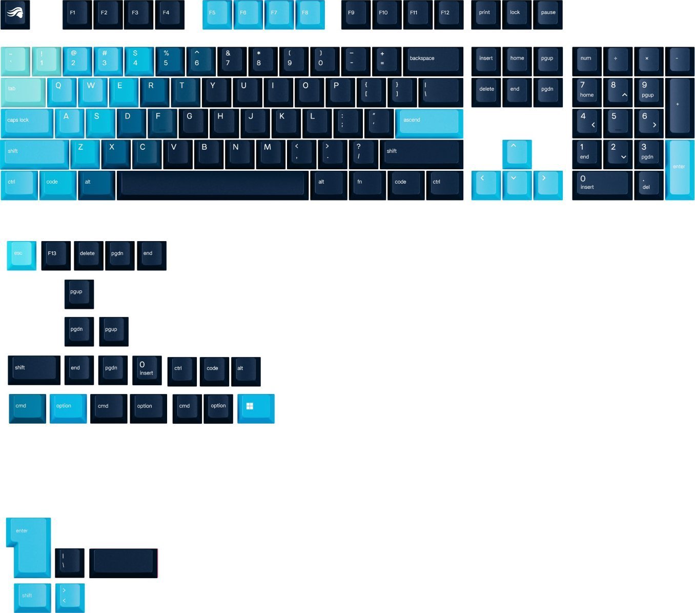 Glorious Glorious GPBT Gradient Keycaps, ANSI Layout (US), PBT, Dye-Sub - Celestial Ice