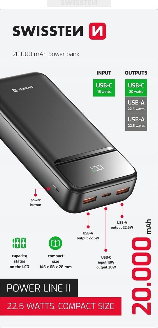 SWISSTEN, Powerbank, POWER LINE II, Li-Pol, 5/9/12V, do �adowania telefon�w i innych urz�dze�, 22013947, 20000mAh, czarna