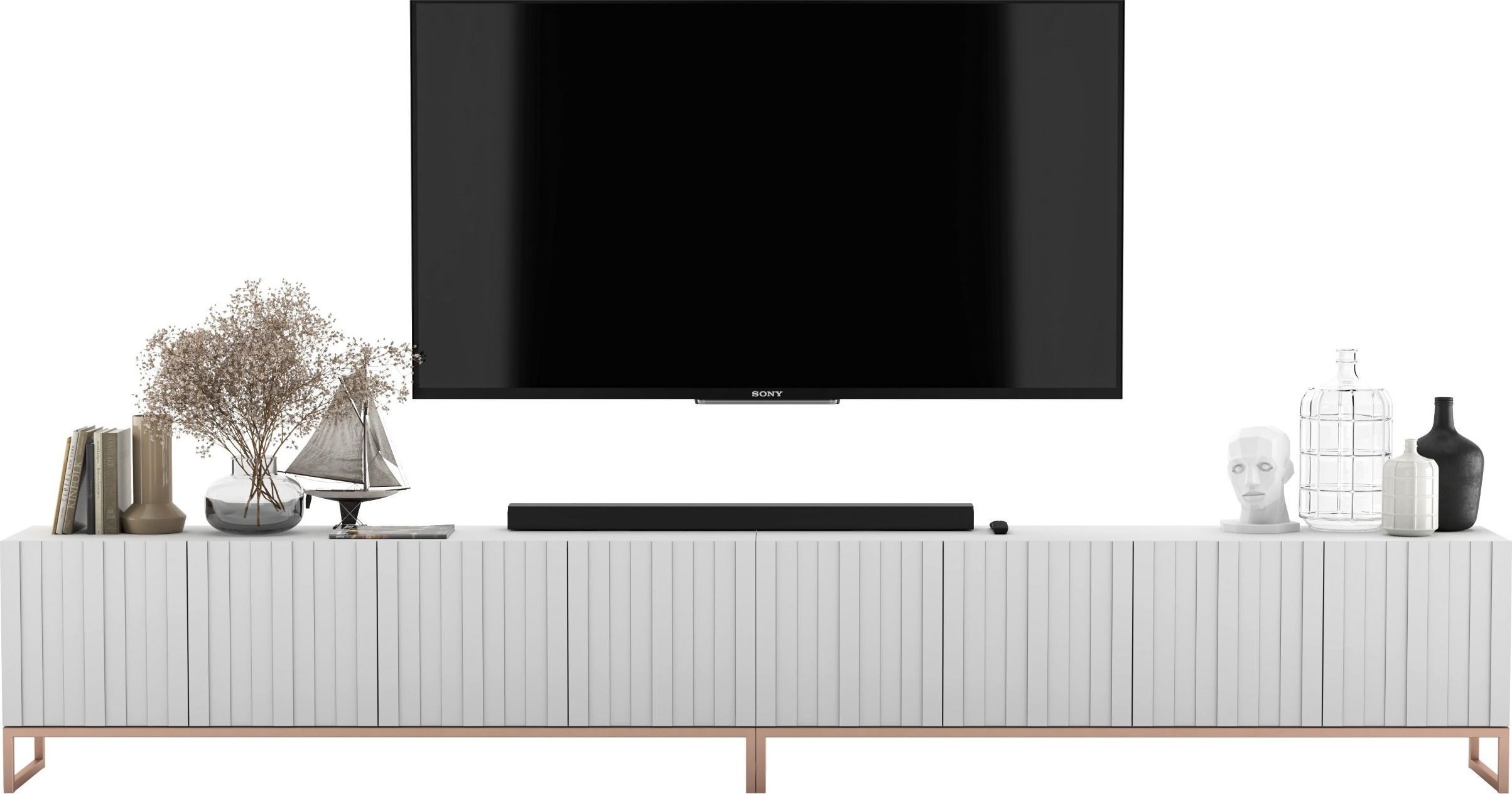 Meble Lindner Szafka RTV Glamour Komoda RTV Meble Lindner Biały Mat Ryflowane Fronty 300 cm