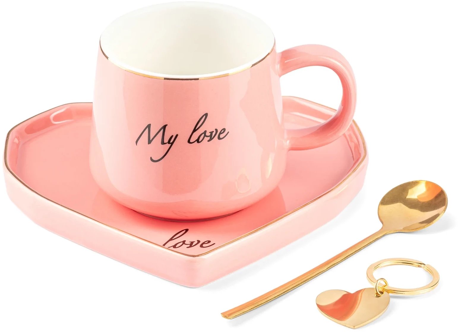 Zestaw upominkowy dla kobiet - filiżanka z podstawką, łyżeczką i brelokiem