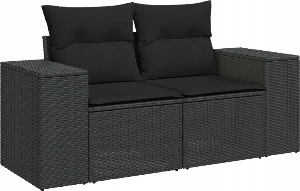 vidaXL Sofa ogrodowa z poduszkami, 2-osobowa, czarna, polirattan