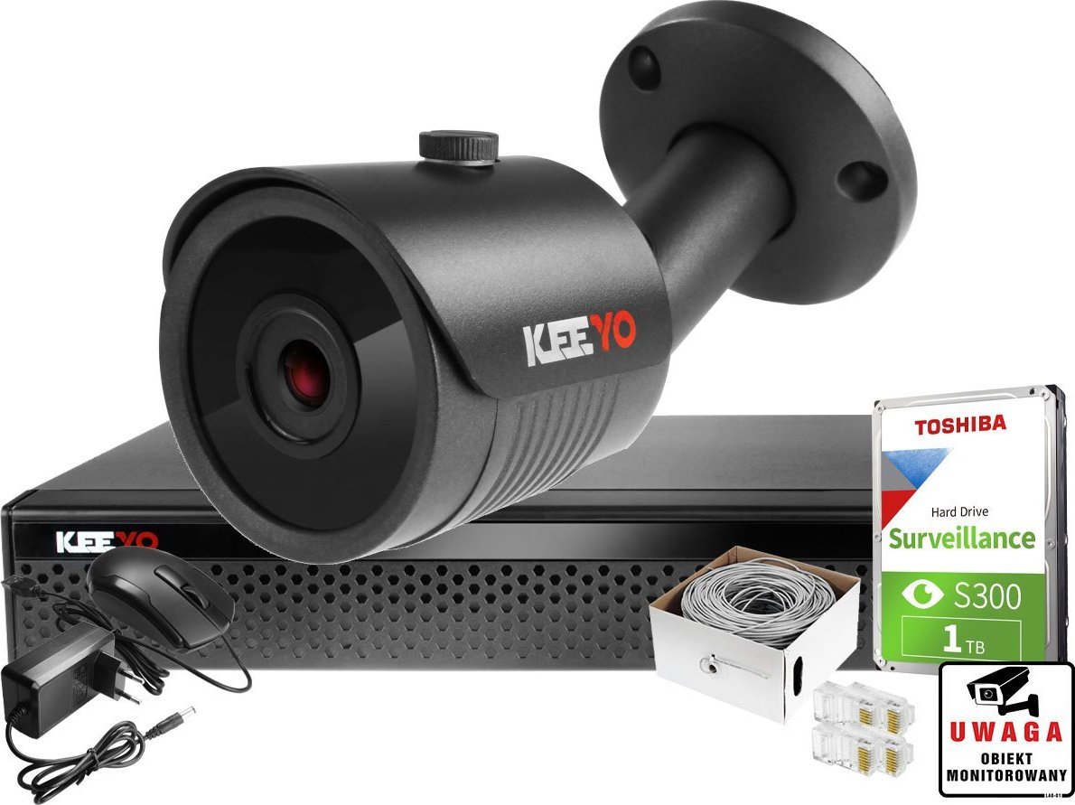 Keeyo Zestaw do monitoringu ip: 1 kamery LV-IP5M3TFEBL 5MPx, rejestrator LV-NVR9418S-4P 8MPx, dysk 1TB, skrętka