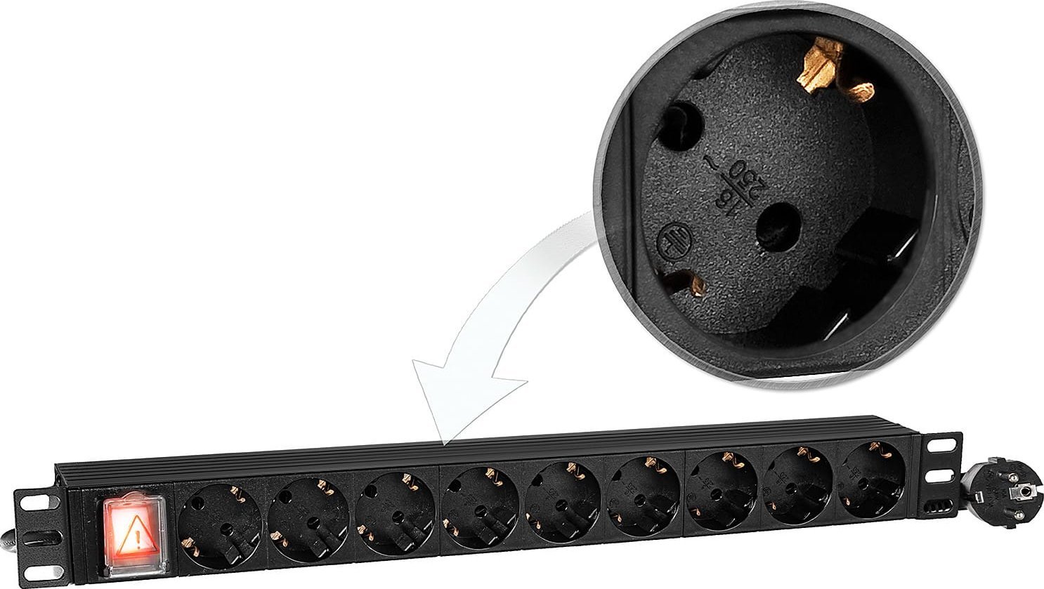 RACK Systems 9GN-S-P - listwa zasilająca 19" z włącznikiem - 9 gniazd SCHUKO