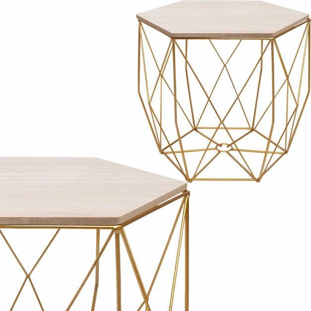 Springos Stolik kawowy loft 40cm kosz metalowy industrialny złoty, drewniany blat UNIWERSALNY