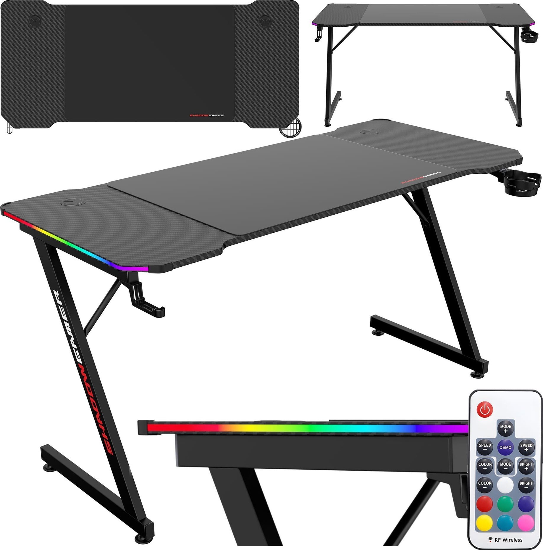 Biurko gamingowe SHADOW GAMER 2.0 140 cm LED RGB podkładka