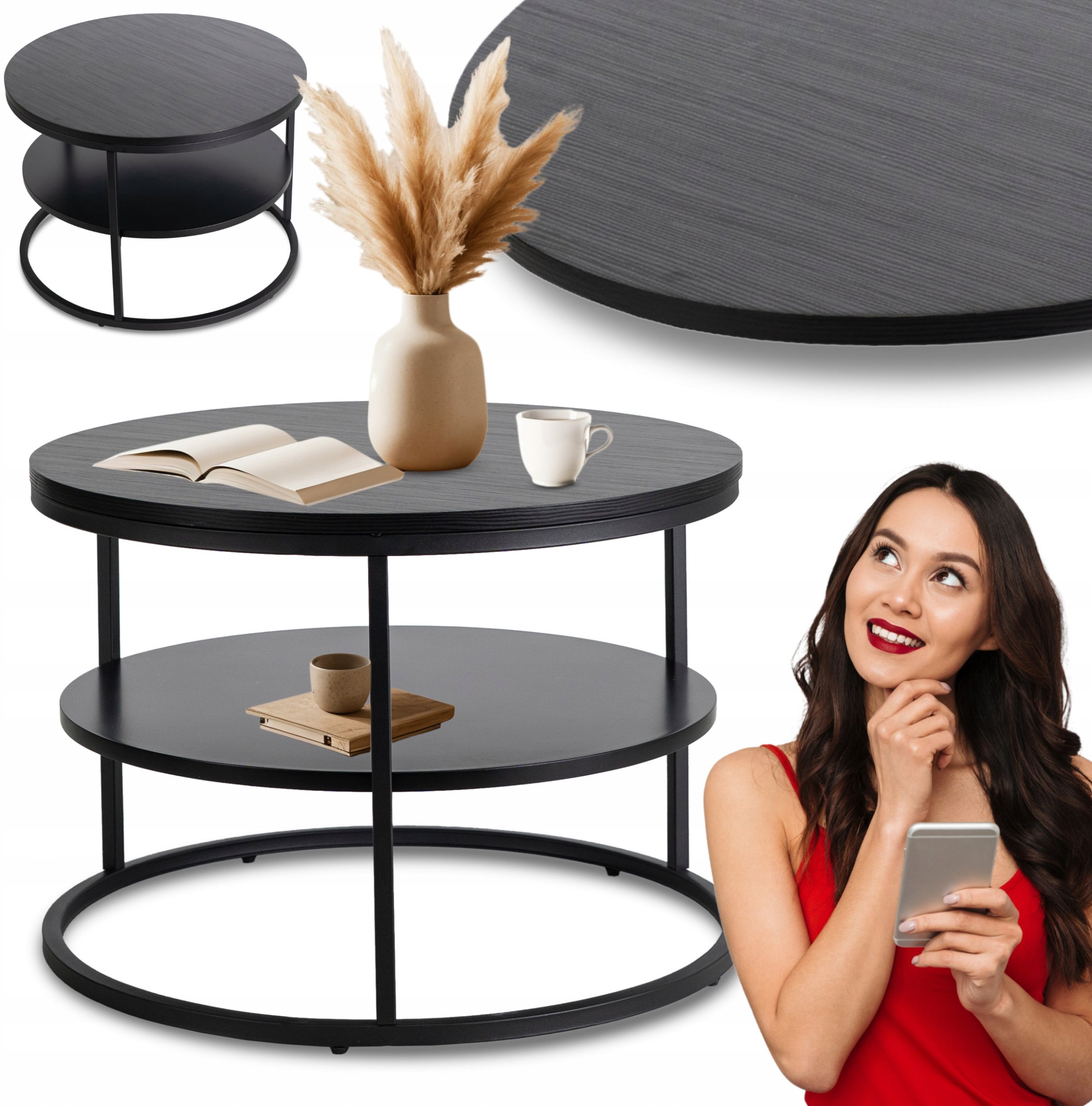 Stolik Kawowy Okrągły Loft Czarny Industrialny Ława Okrągła Czarna BEST