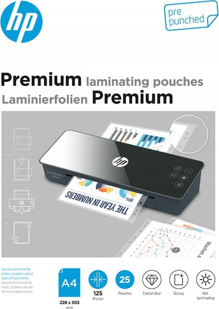 HP Folie laminacyjne HP PREMIUM A4, dziurkowanie, 125 mic, 25 szt., przezroczyste/połysk