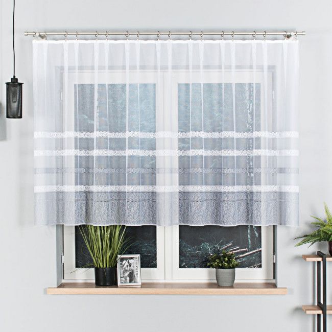 Markizeta Firanka biała z szarym żakardowa pasowa 181015 wys. 120 cm.