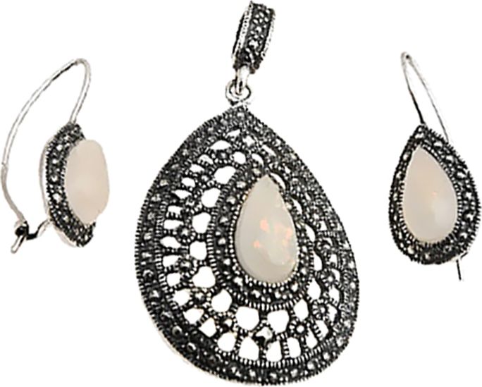 Lovrin 925 SREBRNY AŻUROWY KOMPLET Z OPALEM KOLCZYKI I WISIOR