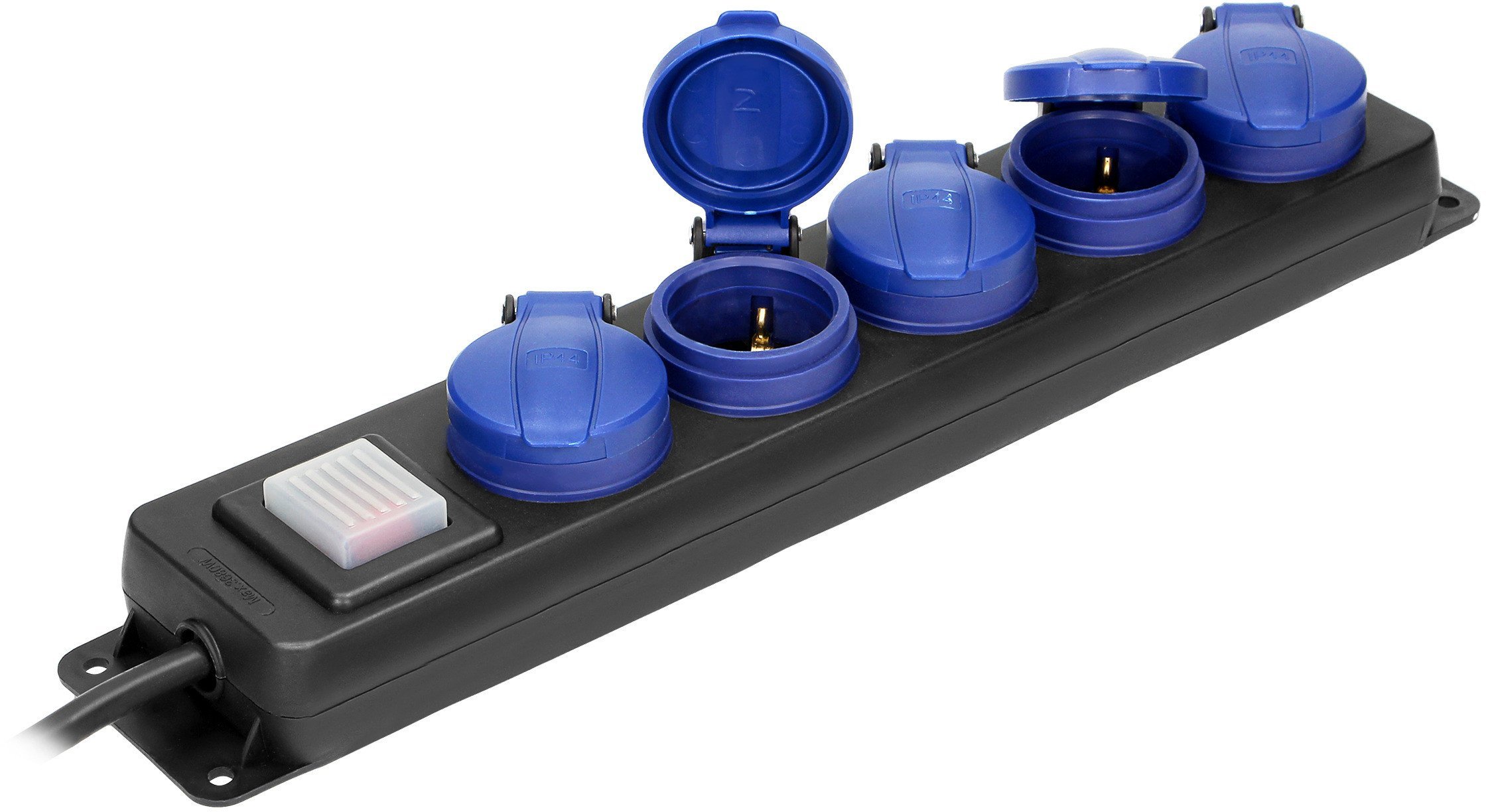 Przedłużacz warsztatowy bryzgoszczelny z wyłącznikiem, 5 gniazd 2P+Z, IP44, schuko przewód gumowy, H05RR-F 3x1,5mm2, długość 3m