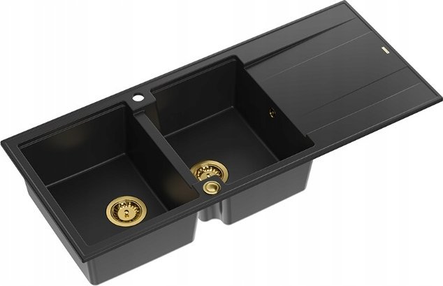 Zlewozmywak GraniteQ EVAN 121 GraniteQ zlewozmywak z syfonem Push To Open 2-komorowy z/o (1160x500x210; kom. 420x340) pure carbon / elementy złote