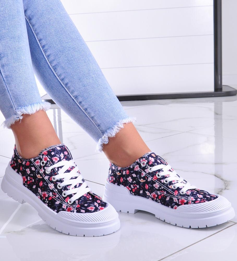 Wiązane trampki w kwiaty Navy /A7-3 11049 T498/ 39