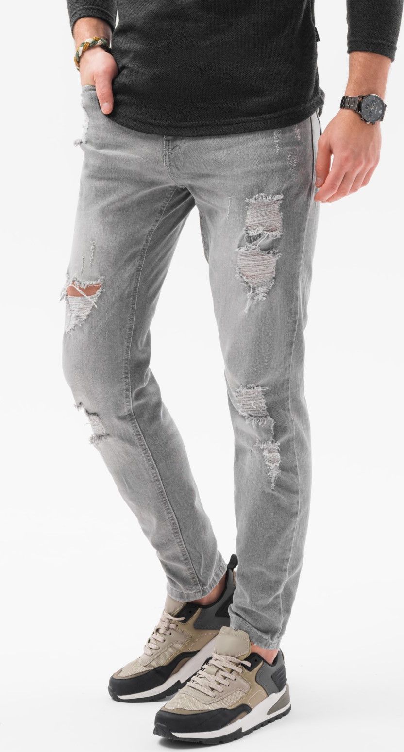 Ombre Spodnie męskie jeansowe P1024 - szare M
