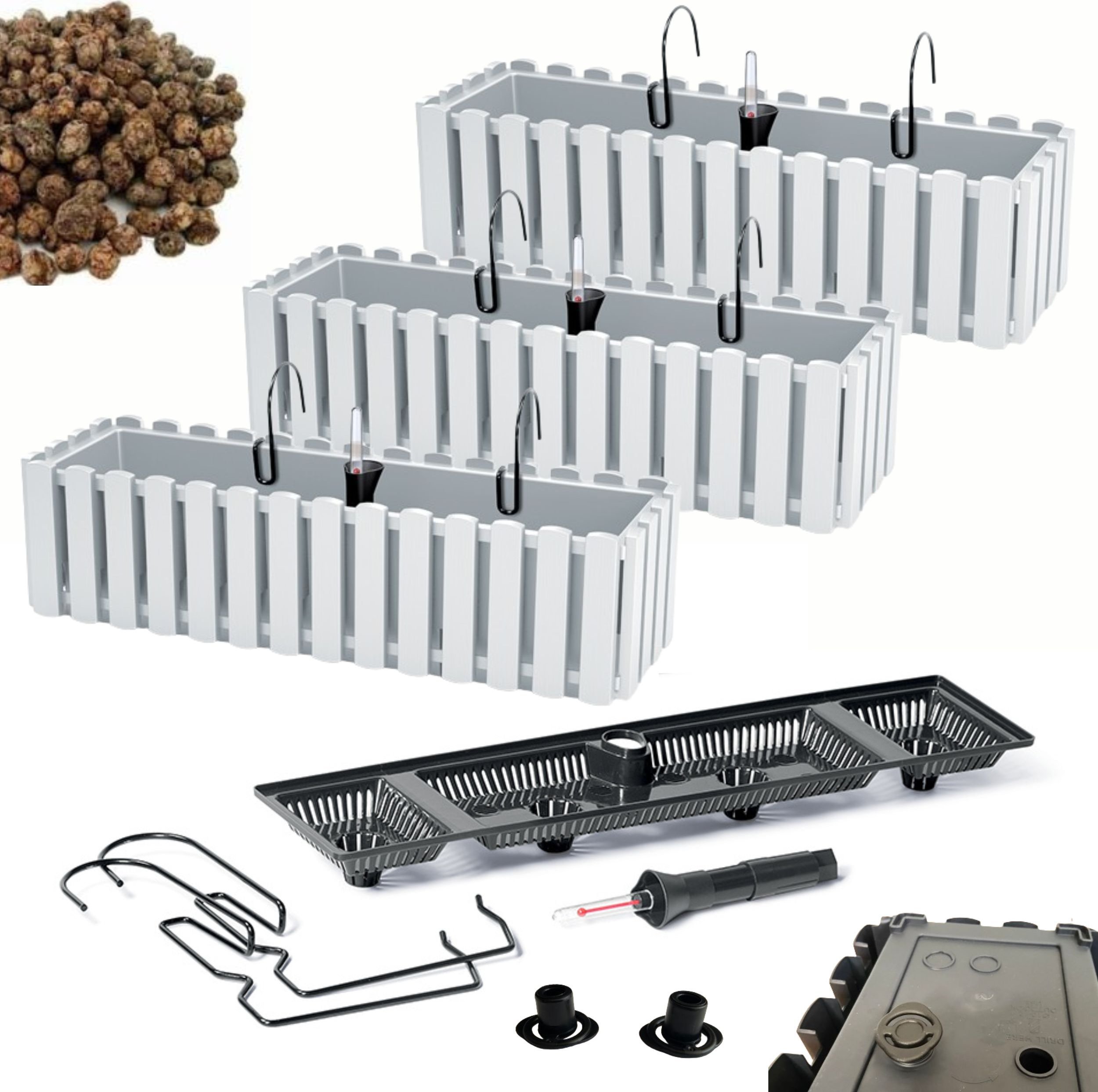 Prosperplast 3x Skrzynka na balustradę DDEF600W Doniczka balkonowa + Keramzyt 3l