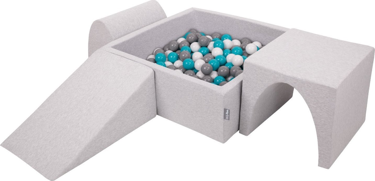 KiddyMoon Piankowy plac zabaw z kwadratowym dołem na piłki (300 piłek 7 cm/2,75 cala) z miękkimi przeszkodami i basenem na piłki, certyfikat UE, jasno