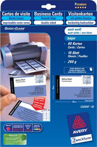 Avery Zweckform Avery Zweckform, wizytówki, z gładka krawędzią, białe, matowe, A4, 260 g/m2, 85x54mm, 8 szt./A4, dwustronny, 10 arkusza, do drukar