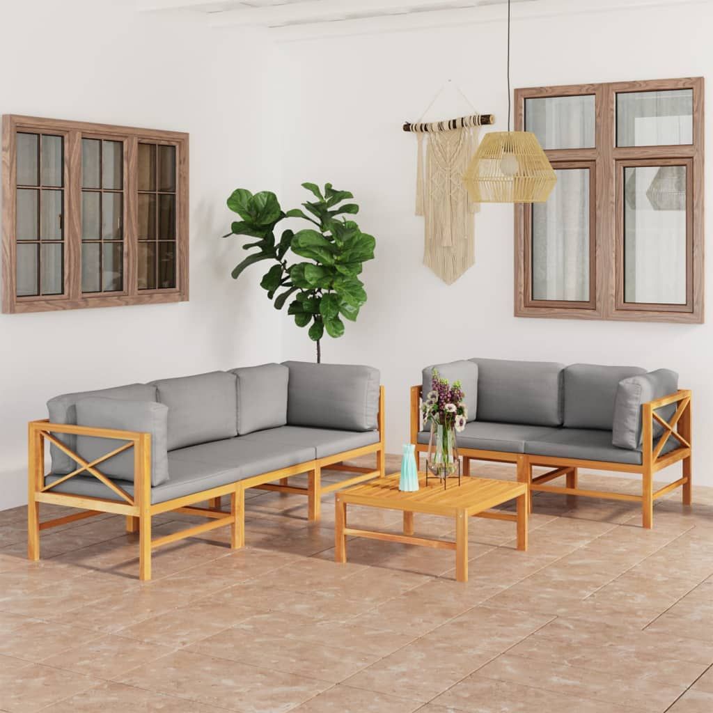 vidaXL 6-cz. zestaw wypoczynkowy do ogrodu, szare poduszki, tekowy