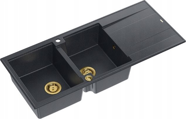Zlewozmywak GraniteQ EVAN 121 GraniteQ zlewozmywak z syfonem Push To Open 2-komorowy z/o (1160x500x210; kom. 420x340) black diamond / elementy złote