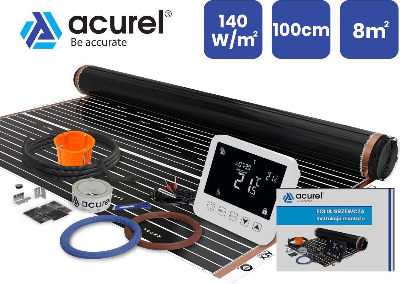 Acurel Termostat do ogrzewania elektrycznego + folia grzewcza 8m2 140W/m2 + akcesoria montażowe uniwersalny