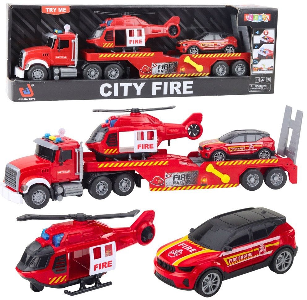 Zestaw Strażacki Laweta Helikopter Samochód Światła Dźwięki Czerwony