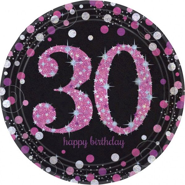 AMSCAN talerze 23cm 30 urodziny błyszczący różowy opakowanie 8 sztuk (20131)