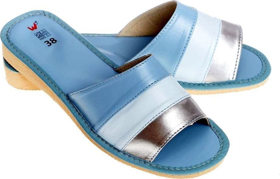 Wójciak Eleganckie pantofle ze skóry na delikatnym koturnie pw041 błękitny 40