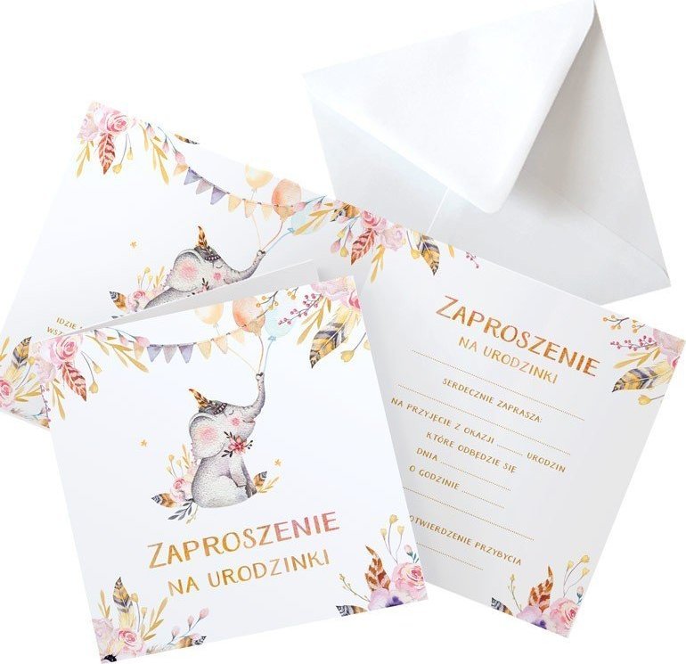 ZAPROSZENIA na Urodzinki Uroczy Słonik 10szt (+koperty)