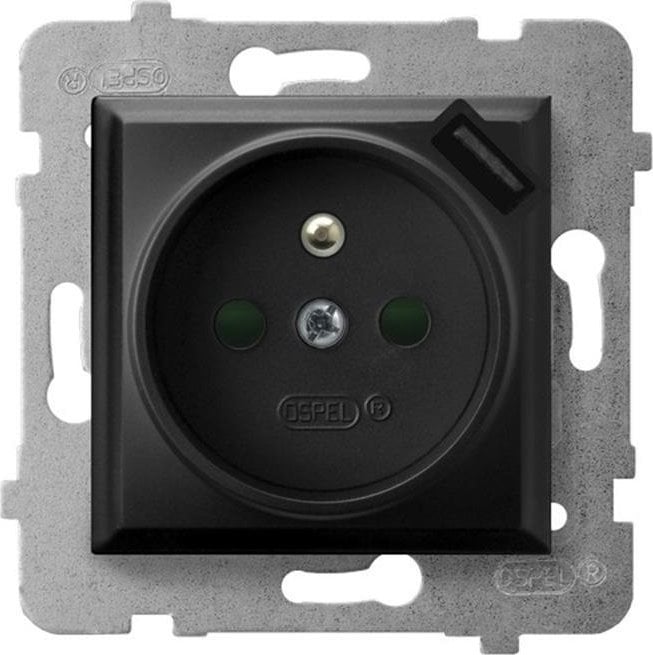 Ospel Gniazdo pojedyncze Ospel Aria GP-1UZPUSB/m/33 z uziemieniem z przesłonami z ładowarką USB 2,1A czarny metalik