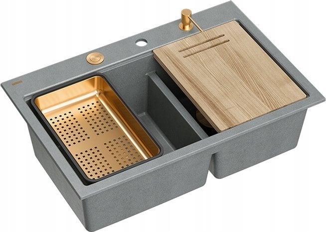 Zlewozmywak GraniteQ MARC 120 WORKSTATION GraniteQ zlewozmywak 2-komorowy 760*500*235 mm silver stone + syfon push to open + dozownik + deska + wkładk