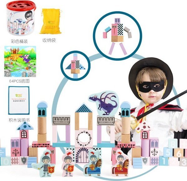 Triton Drewniany zestaw Klocków Zamek z Rycerzami dla dzieci 3+ Drewniane Figurki + Sorter kształtów + Mata z puzzli + Gra Chinczyk