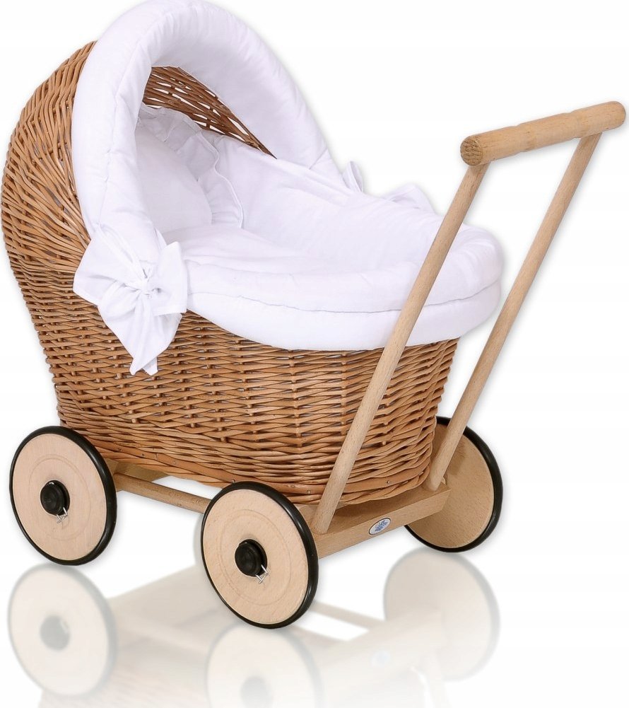 Wiklinowy wózek dla lalek pchacz z białą pościelką i miękką wyściółką- naturalny