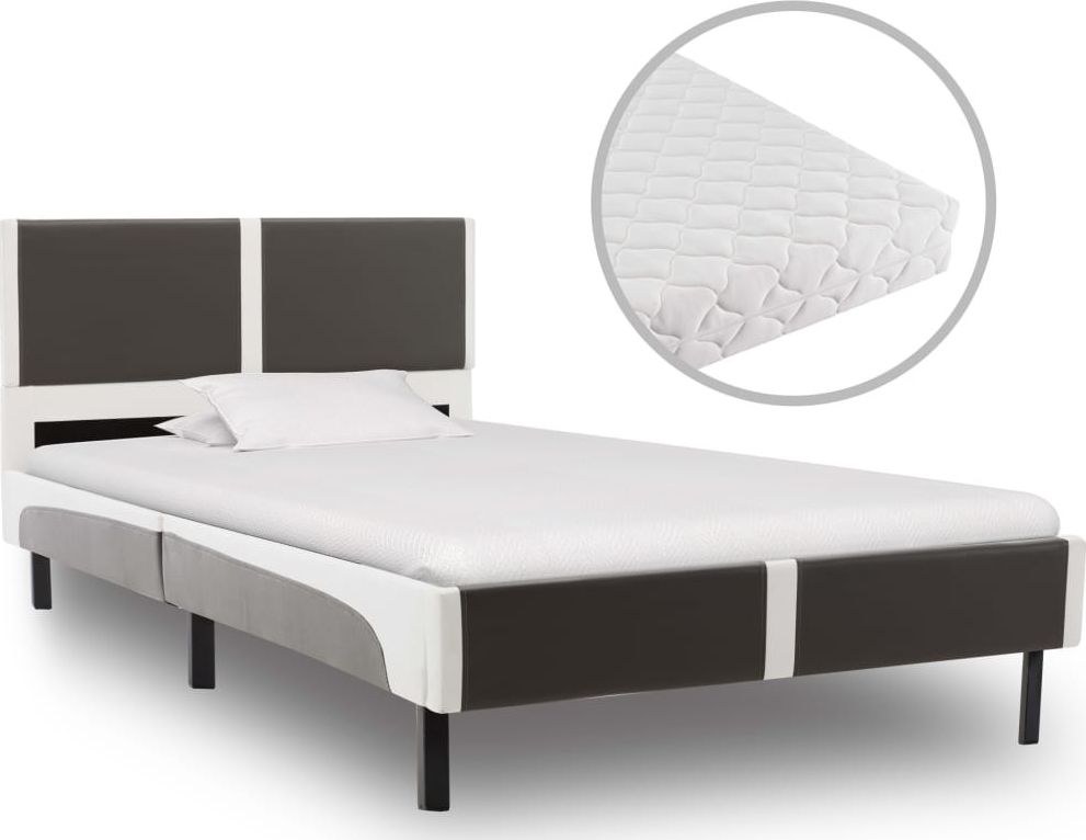 vidaXL VidaXL Łóżko z materacem, szaro-białe, ekoskóra, 90 x 200 cm