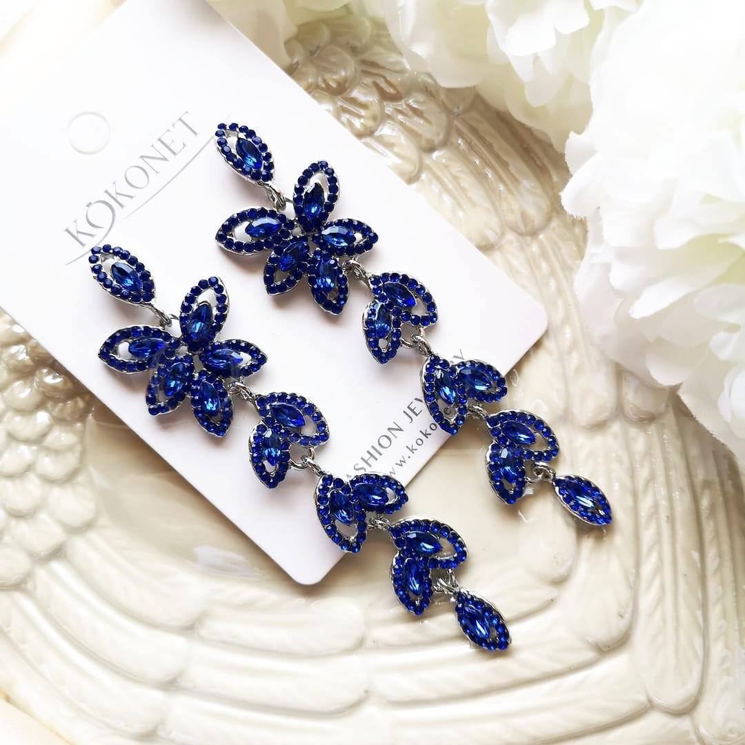 KOKONET KOLCZYKI długie NIEBIESKIE kwiaty WYJŚCIOWE glam