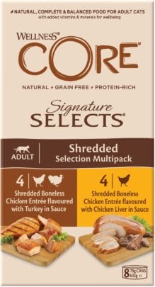 Purina Core Signature Selects Shredded Multipack set of cans for adult cats, 4x2 smaki, 8x79g/635g