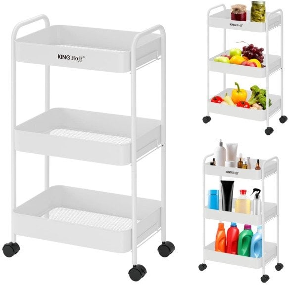 Regał 3-poziomowy stalowy z kółkami 360°, biały, KINGHOFF KH-1942