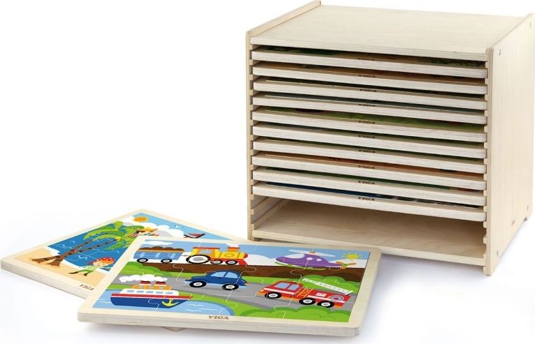 Viga Puzzle drewniane 12 plansz po 16 puzzli w stojaku Viga Toys