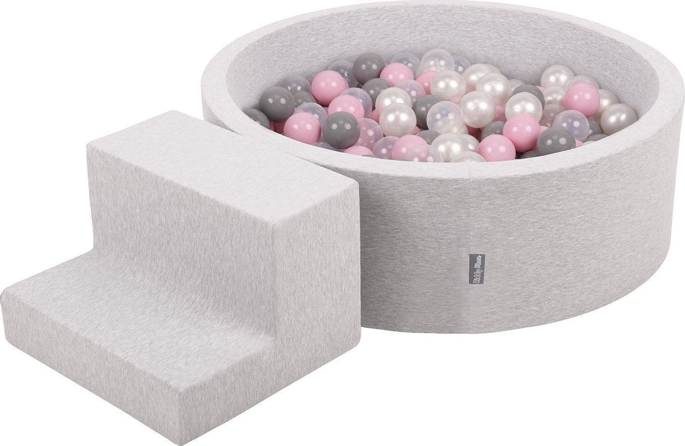 KiddyMoon Piankowy plac zabaw PPZP-OK30D-122 z piłeczkami jasnoszary: perła-szary-transparent-pudrowy róż basen 100/schodek Zabawka plac zabaw