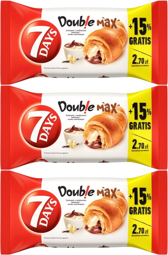 7 Days Doub!e Max Croissant z nadzieniem o smaku kakaowym i waniliowym 110 g x 3 sztuk